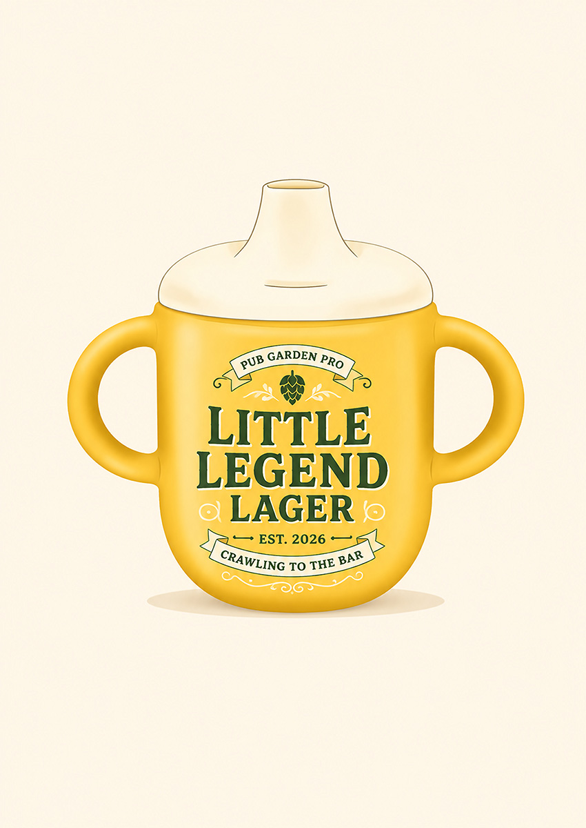 Playful illustration of a baby bottle styled as a beer glass with Little Legend Lager branding